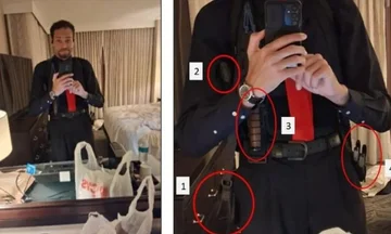 2023年と2025年の間に銃を購入し、トランプの暗殺の前にホテルの部屋で銃でコールアレンの写真。