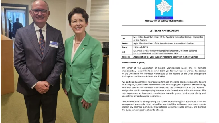 Agim Aliu氏は、Rjon委員会の文書でKosovoをサポートするためのGillian Coughlanに感謝