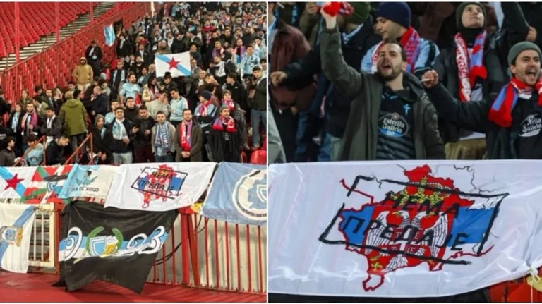 Scandalous: Celta Vigo fans sträcker Kosovo flagga till serbiska flaggfärger i Belgrad