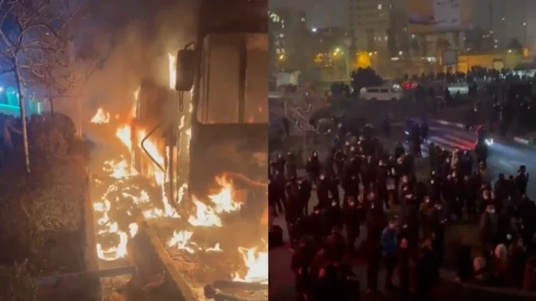 Budynek straży pożarnej, strzelanina, zdjęcia protestów w Iranie