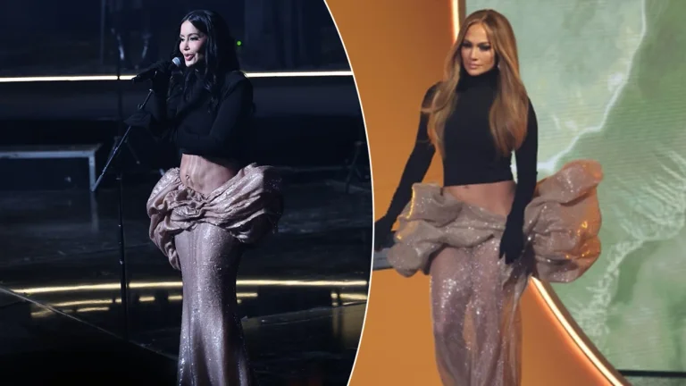Dafina Zeqiri apareció en el concierto del recital en trajes similares como Jennifer López en los Grimmy Awards 2025)
