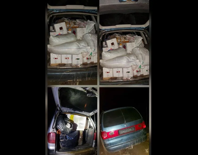 세르비아어 라이센스 판 smuggling 상품을 가진 북쪽 금지 4대의 차량에 있는 경찰