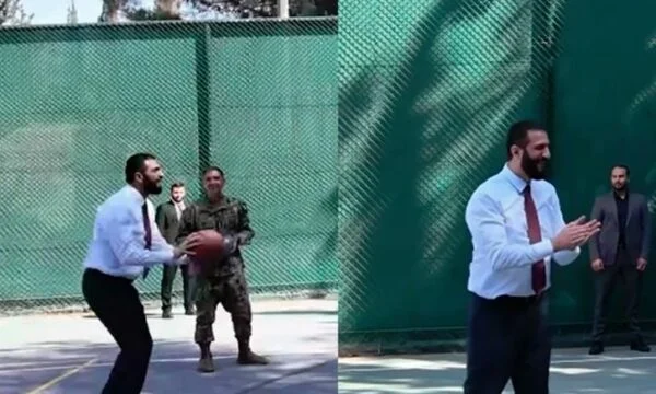נשיא סוריה נהנה ממשחק כדורסל עם מפקדים אמריקאים לאחר שהגיע לארצות הברית.