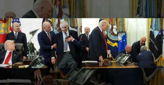 Drámai nézet az Ovális Irodától: Egy személy elájul Trump drogárainak konferenciáján