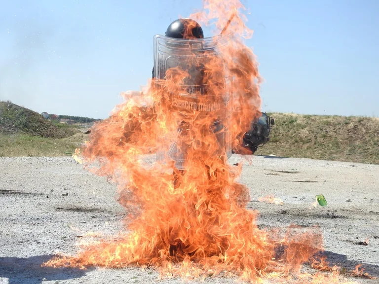 Italian, Hungarian KFOR soldiers exercise for mob control and fire at Novo Selo