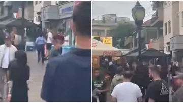 Kampf zwischen Lichtfans und Kopenhagen in der Innenstadt von Pristina vor Champions League Spiel