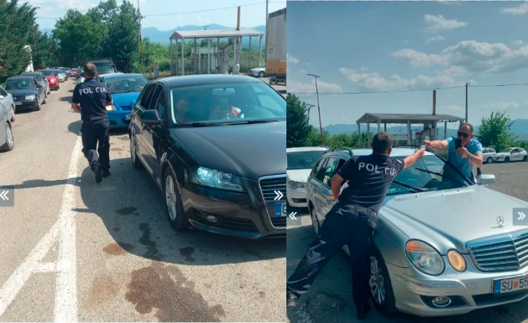 Lungo le linee al confine per vedere l'Albania-Serbia match, polizia albanese disperde acqua