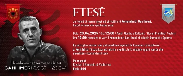 The Vushtrri municipality holds the memorial academy April 20th in honour of Commander Ghani Imer