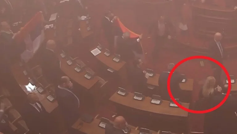 Un momento in cui un deputato serbo colpisce con bottiglie in testa