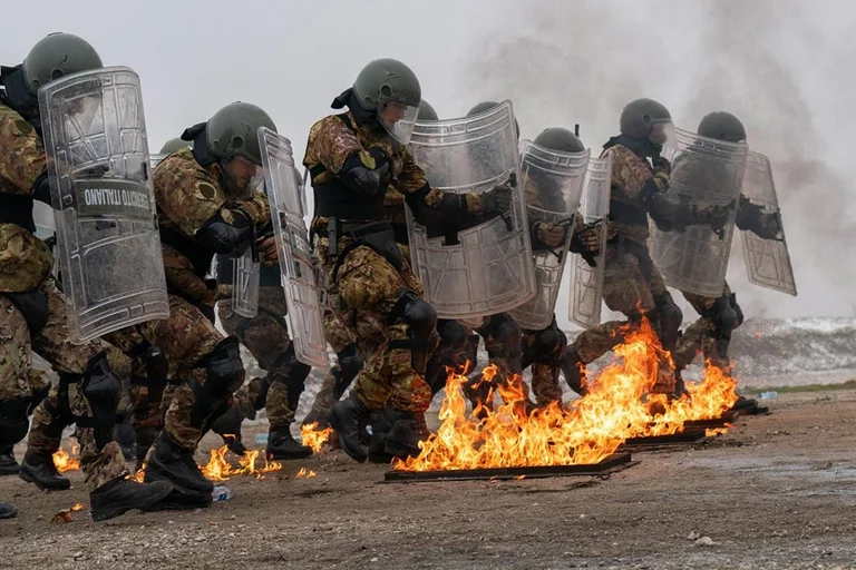 Italian KFOR soldiers with intensive training for crowd control, riots