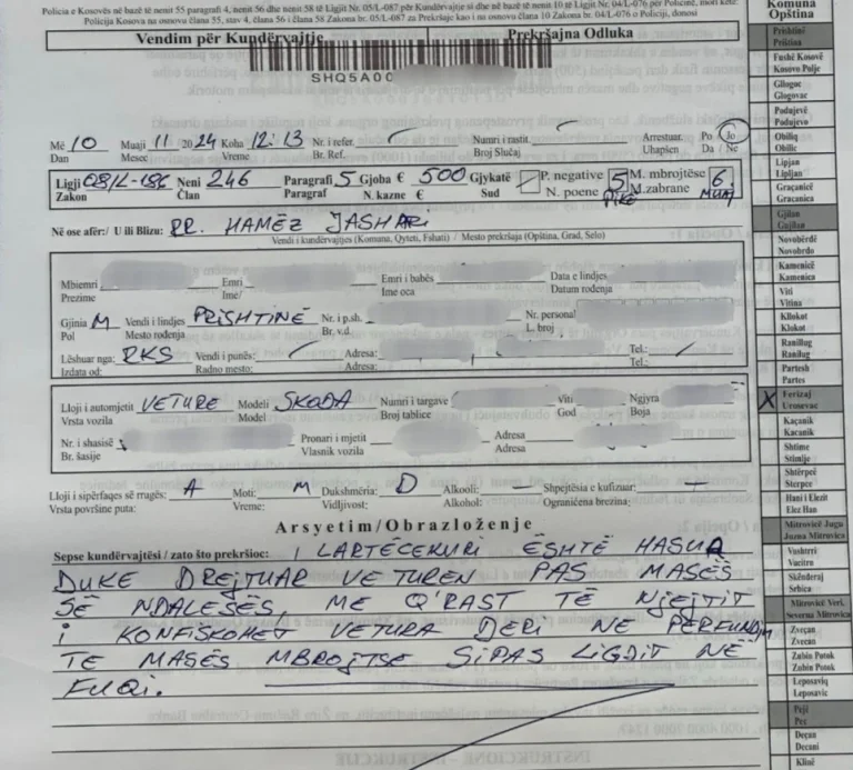 22 ans détenu à Ferizaj, a conduit la voiture sous des mesures de protection