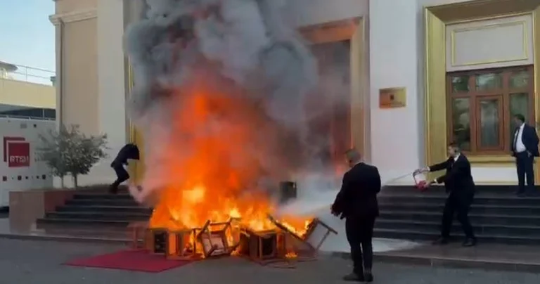 DP MPs set fire to chairs outside Albania's Assembly