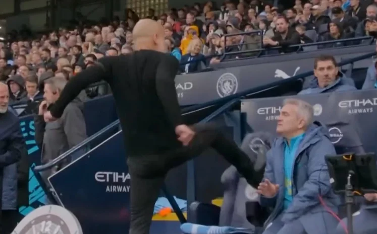 Guarditola kicked a chair after Arsenal equalized the score against Man City yesterday
