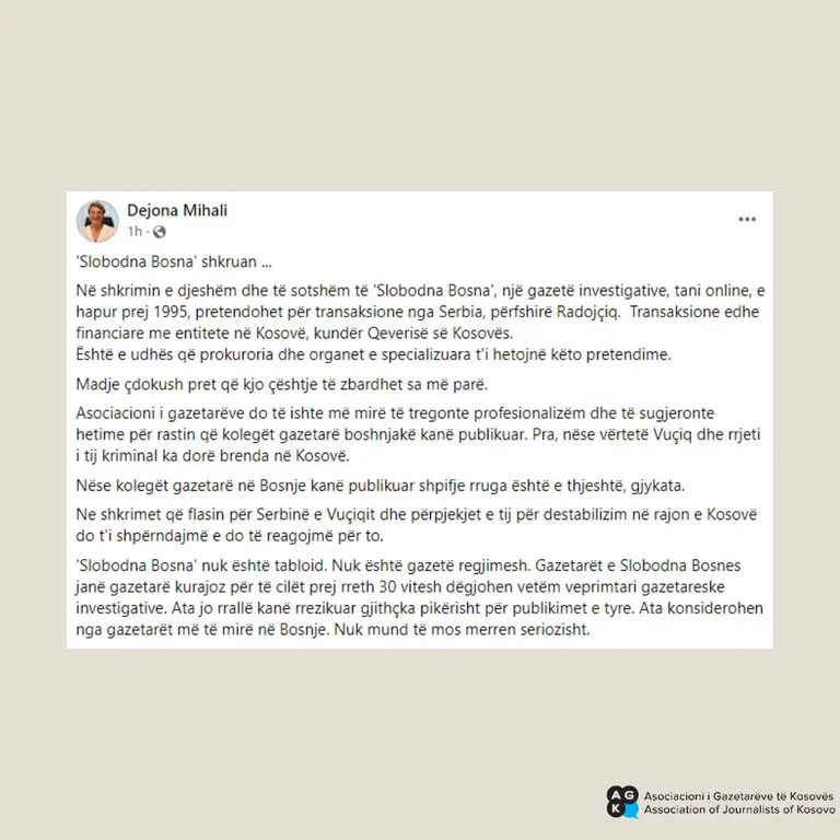 AGK reacts to Dejona Mihali: Continued attacks on the media, this is unacceptable and aimed at instigating journalists in Kosovo