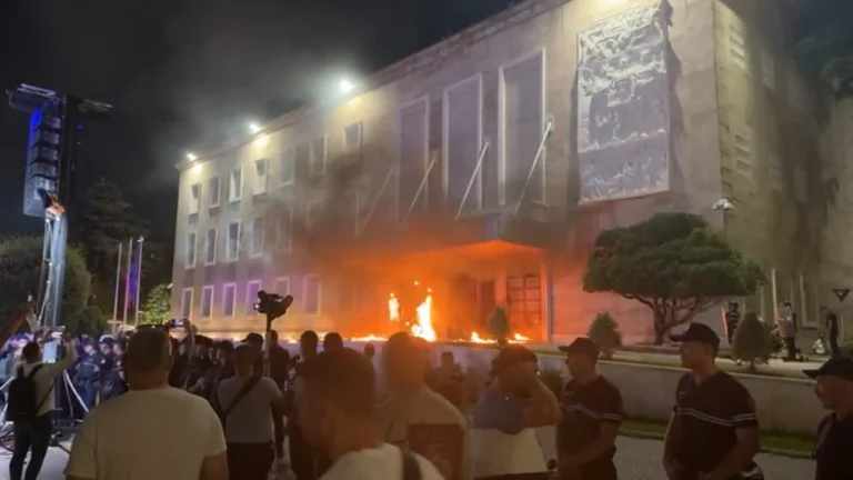 Opposition protest: Falling Molotov towards Prime Minister, main door burning