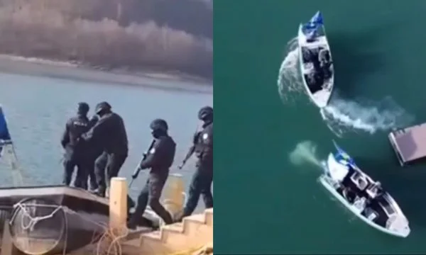 Polizei Schnelle Interventionseinheit Patrouillen mit schwimmenden Booten in Weyman