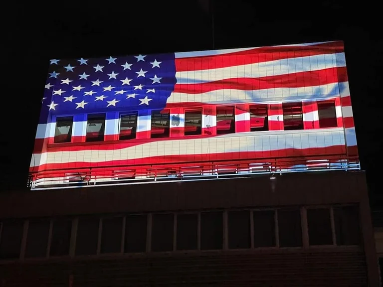 Presidency and Parliament Target lit with US flag for US Independence Day