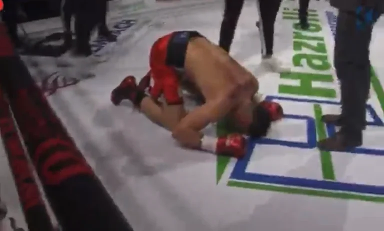 Krasniqi el momento de los éxitos poderosos cuando Timothy Nikarkhoev entrega el partido