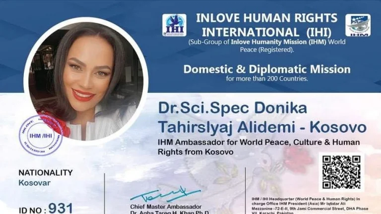 Donika Tahirsylaj-Alidemi prende il titolo World Peace Ambassador for Freedoms and Human Rights