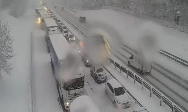 In Slovenia a 50 - mile - long [55 km] column is created because of snow
