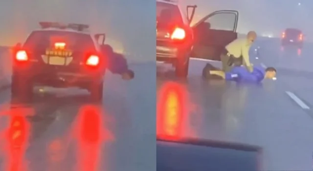 They broke the head of the car, the prisoner tries to escape from the police in the middle of the highway.