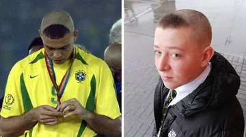 12 Jahre alt kommt aus der Schule nach Haarschnitt im berühmten Stil des alten “Randaldo”