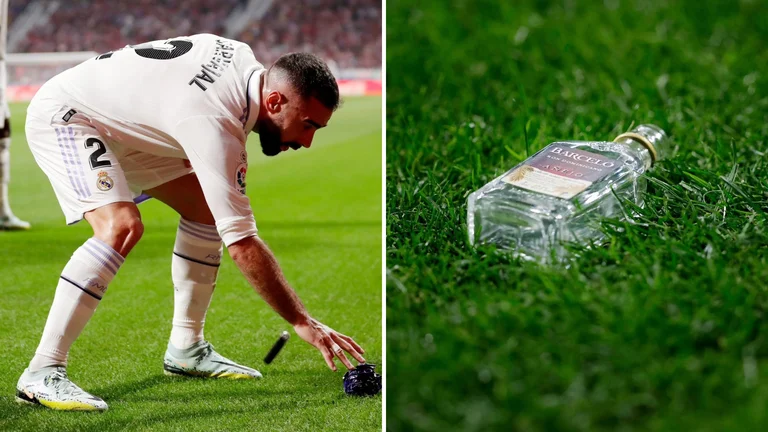 The Atleticos fans have no boundaries. They throw brandy bottles at Real's players after the goal.