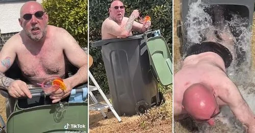 The Brit gets into the garbage can for refreshment, but he's got a bad time