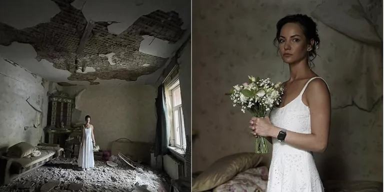 Les Russes ont volé mes souvenirs d'enfance, la mariée ukrainienne pose dans les ruines de la maison détruite par les bombes russes