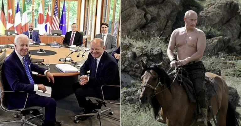 Les dirigeants du G7 avec la photo de Poutine nue à cheval : “T porter des vestes ou les retirer?