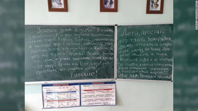 “Children, apologize for the” mess, Russian forces' message on a school table in Ukraine