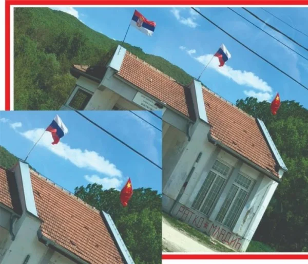 Maison de santé de Zvecan avec trois drapeaux: serbe, russe et chinois