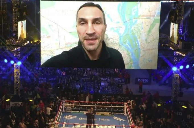 Klitschko shows up from Kiev on the big Wembleyt screen in front of Fury Whyte, these are his exciting words.