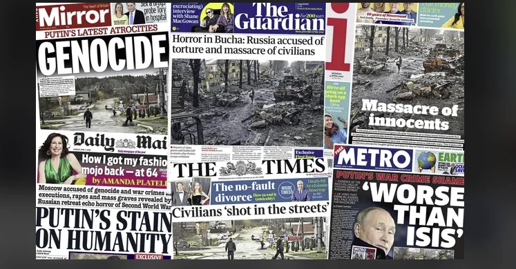 Blacker than I SIS. Nazi cruelty. Putin's stain: Some of the headlines of the World Newspapers for Butchan