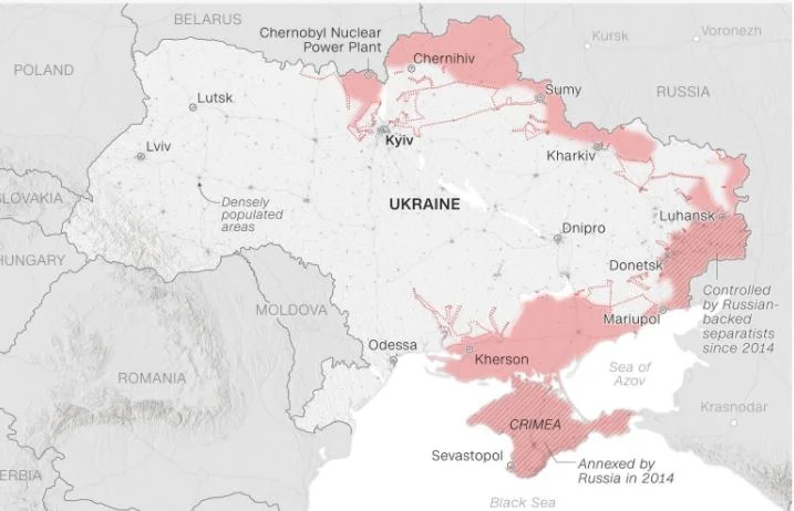 Carte: Zones en Ukraine occupées par la Russie
