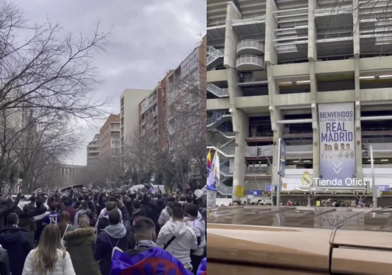 L'atmosphère de Madrid sur le toit avant le Real game Paris, les fans bloquent les portes du stade Xantiago Bernabeo.