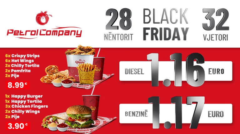 To Black Friday, 28 November and 32th anniversary of the company, Petrol Company falls at awards: Diesel 1. 16 Euro and Benz for only 1.17 euros, as well as super offers at its Be Happy restaurants