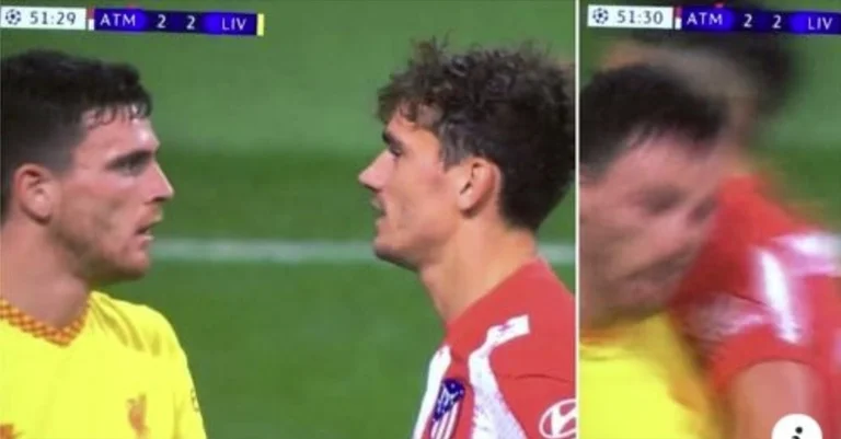 Watch your eyes: Andy Robertson was taken out of the face of the ground after staring at Antoine Griesmann