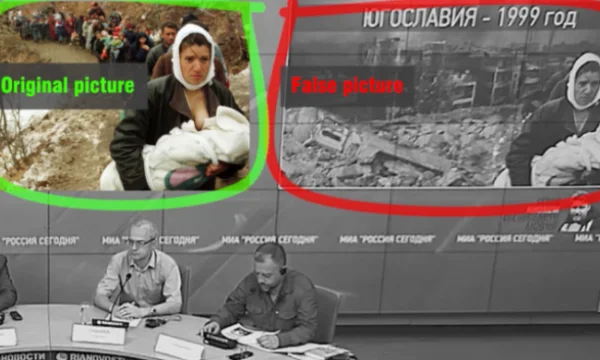 Forging Kosovo Albanian photo, Sheriff Luta Qaeda Russian propaganda presents it as Serb victim