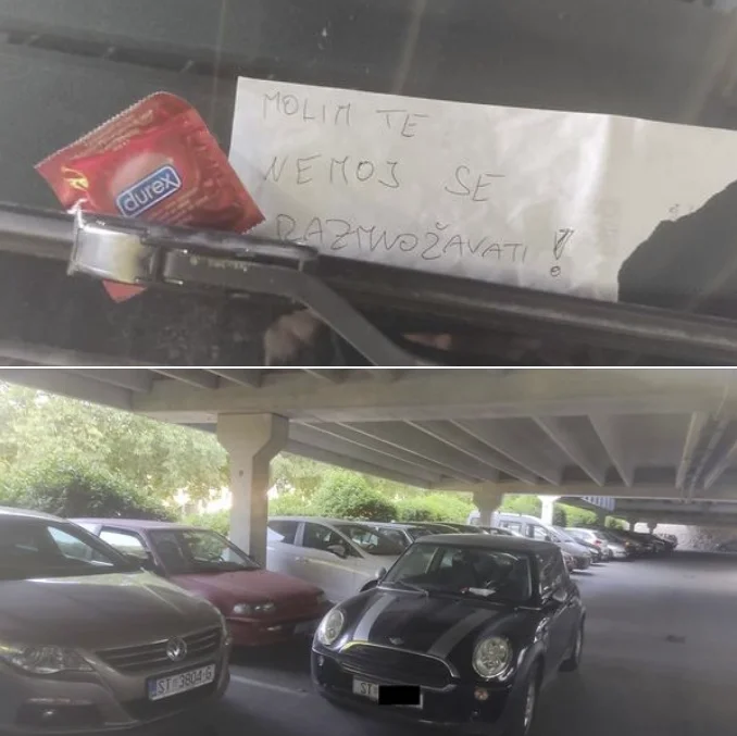 Bllokoi veturat tjera në parking, si përgjigje merrë një prezervativ dhe një mesazh