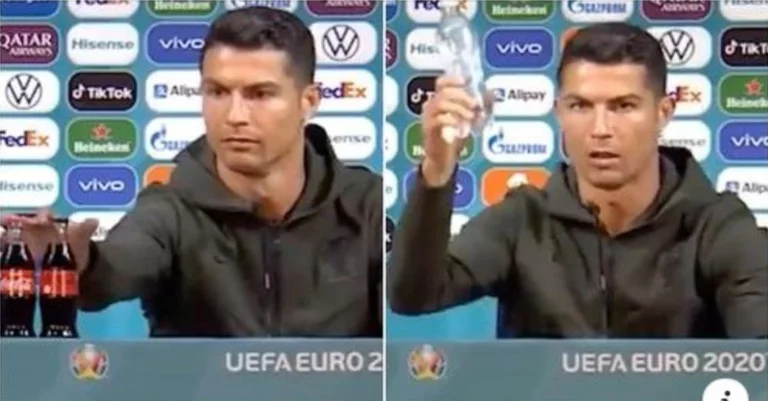 Cristiano Ronaldo nuk mund ta duronte Coca Colan para tij gjatë konferencës për shtyp