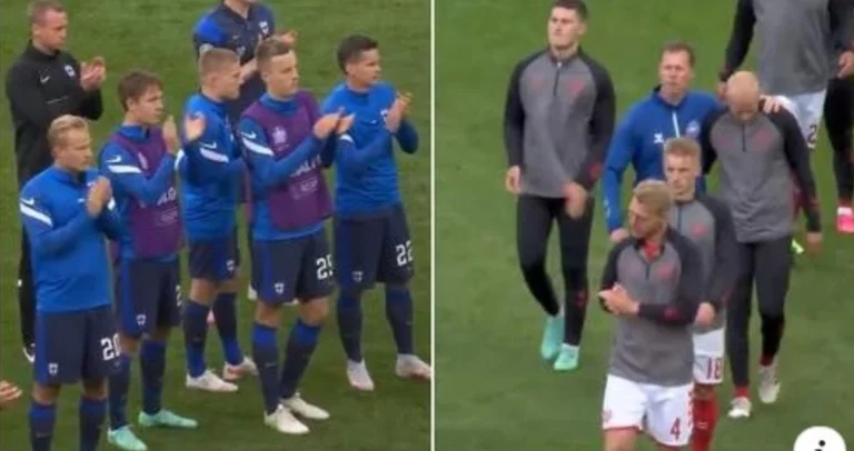 Futbollistët e Finlandës duke duartrokitur lojtarët danezë teksa riktheheshin në fushë, janë pamje që të ngrohin zemrën