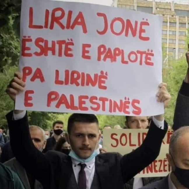 Le garçon avec cette bannière dans sa main pour la Palestine s'avère être un militant de Vetevendosje
