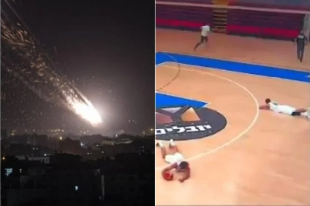 Caos: i giocatori di pallacanestro israeliani si posano a terra durante il razzo post-alram