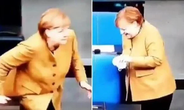 The exact moment: Merkel forgets the mask, runs back to get it.