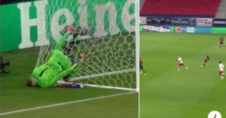 Andy Robertson forced RB Leipzig goalie to get stuck in a net with his head last night.
