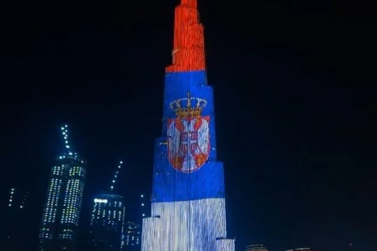 Burj Khalifa in Dubai covered with Serbian flag