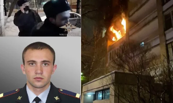 Ein Held Cop rettet seine Frau aus dem Feuer, springt mit ihr von der Klippe ab