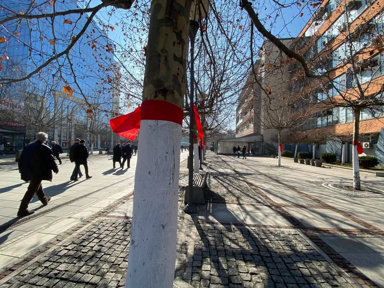 Cinta roja Hiv/Aide mostrada en robles Pristina: Ejercicio Ciudadano y Medios