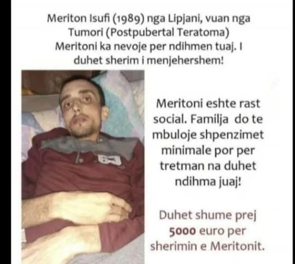 Meriton Isufi nga Lipjani, vuan nga tumori, ka nevojë për ndihmën tonë që të shërohet
